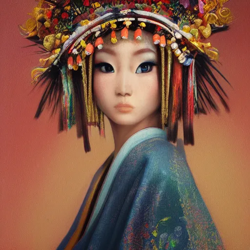 Image similar to beautiful japanese oil panting of a lady in headdress, rendered by octane, depth of field, ultra detailed, rococo, zen concept, trending on artstation, 8k