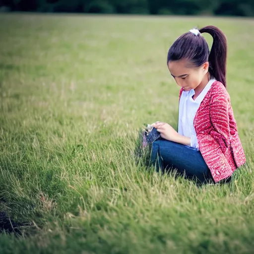 Image similar to a young girl plays on a great green meadow, she wears a jacket, jeans and boots, she has ponytails, photo taken by a nikon, highly detailed, sharp focus