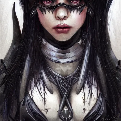 Prompt: portrait of a female dark elf by ayami kojima, she is about 2 0 years old, american, black hair, introvert, she is wearing a modern witch tactical gear, scifi, highly detailed portrait, digital painting, artstation, concept art, smooth, sharp foccus ilustration, artstation hq