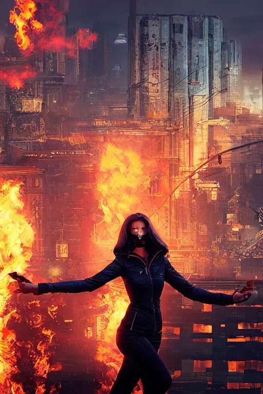 Image similar to in the foreground Saint Petersburg in cyberpunk, in the background a magnificent young blonde woman from behind playing with flames coming out of her hands wearing a long matrix-style jacket, realistic, high definition, many details, dramatic scene, symmetrical face, eyes realistic, art of michael komarck