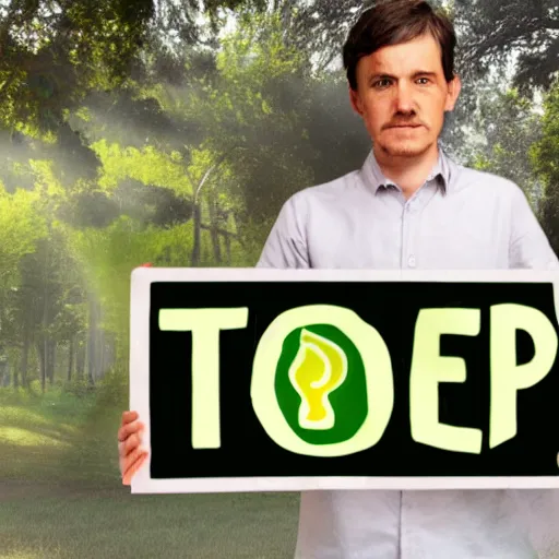 Image similar to of an environmentalist holding up a plastic sign saying stop using oil now photorealistic