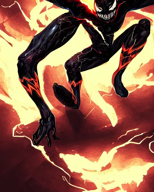 Image similar to venom as the flash, dynamic lighting, fantasy concept art, trending on art station, stunning visuals, creative, cinematic, ultra detailed, comic strip style