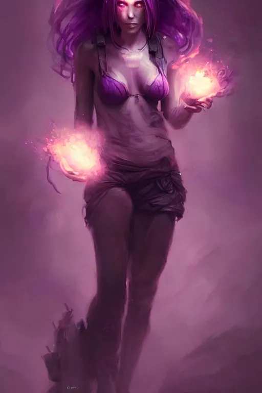 Prompt: character art by bastien lecouffe - deharme, young woman, purple hair, glowing purple eyes