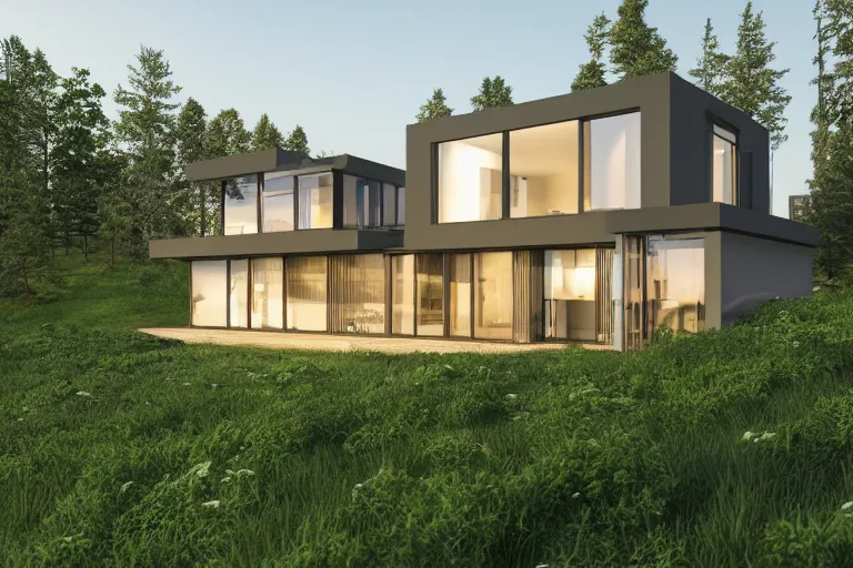 Prompt: modern modern fachwerk house with in the forest on the foot of Elbrus mountain, architecture, 3d render 8k , high details