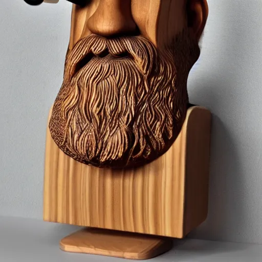 Prompt: wooden sculpture of a bearded viking wearing a vr headset, polished maple, thoughtful, elegant, real