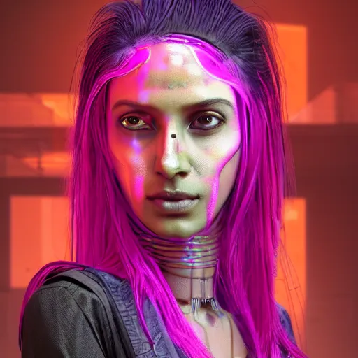 Image similar to portrait of a indian woman with pink hair as a cyberpunk cyborg half robot, revealing wires and electronics, circuit boards, wire management, sci - fi, missing panels, intricate abstract upper body intricate artwork, concept art, octane render, deviantart, cinematic, key art, hyperrealism, iridescent accents, portrait photograph, nikon 3 5 mm, photograph by greg rutkowski