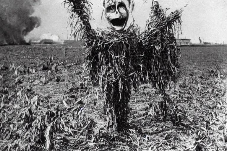 Image similar to horrifying scarecrow from the early 1 9 0 0's burning down the cornfields