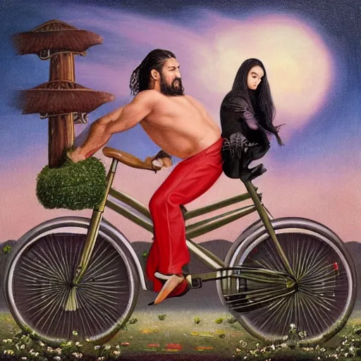 Prompt: ariana grande and jason momoa on a tandem, lowbrow painting by mark ryden