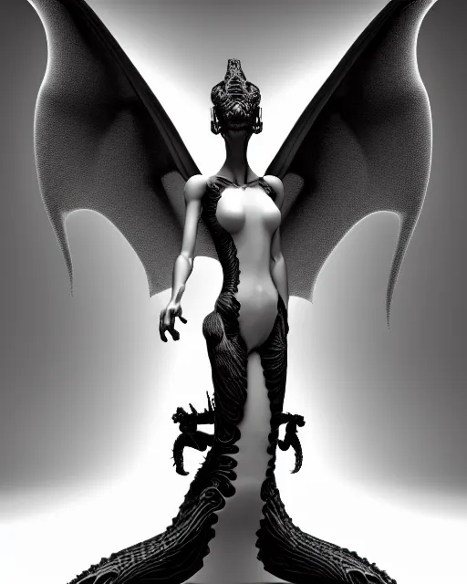 Image similar to a black and white 3D render of an elegant full figure young female angelic-dragon-cyborg with a very long neck, Mandelbrot fractal, anatomical, flesh, facial muscles, veins, arteries, full frame, microscopic, highly detailed, flesh ornate, elegant, high fashion, rim light, 150 mm lens, octane render in the style of H.R. Giger and Man Ray, Realistic, Refined, Digital Art, Highly Detailed, Cinematic Lighting, rim light, photo-realistic Unreal Engine, 8K