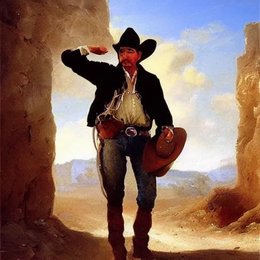 Prompt: oil painting cowboy on dusty street, very very very very very beautiful nature art, masterpiece, realistic and detailed, romanticism by goya