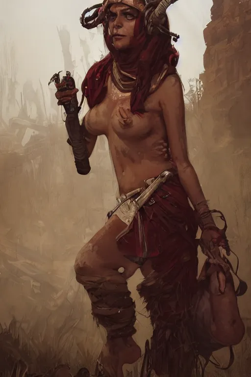 Prompt: a full body portrait of a beautiful post apocalyptic offworld tieflings quarter bedouin blind pulp fiction scarlet wild rogue barbarian leper begging by the roadside, intricate, elegant, highly detailed, digital painting, artstation, concept art, smooth, sharp focus, illustration, art by krenz cushart and artem demura and alphonse mucha