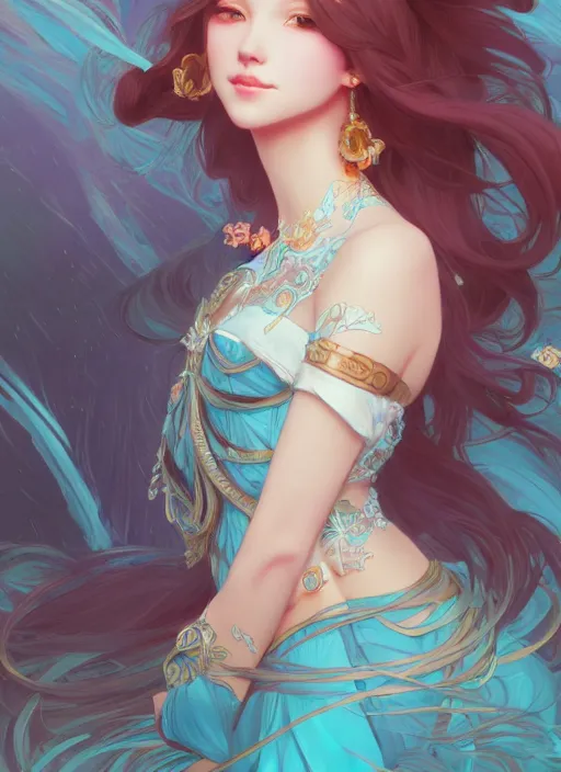 Image similar to beautiful girl with long turqoise hair, cute, intricate, highly detailed, digital painting, trending on artstation, concept art, smooth, sharp focus, illustration, unreal engine 5, 8 k, art by rossdraws and alphonse mucha