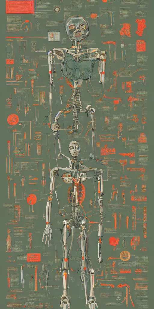 Image similar to anatomy of the terminator, robot, cyborg, t100, diagrams, map, marginalia, sketchbook, old script, inhabited initials, pastel infographic by Wes Anderson and victo ngai