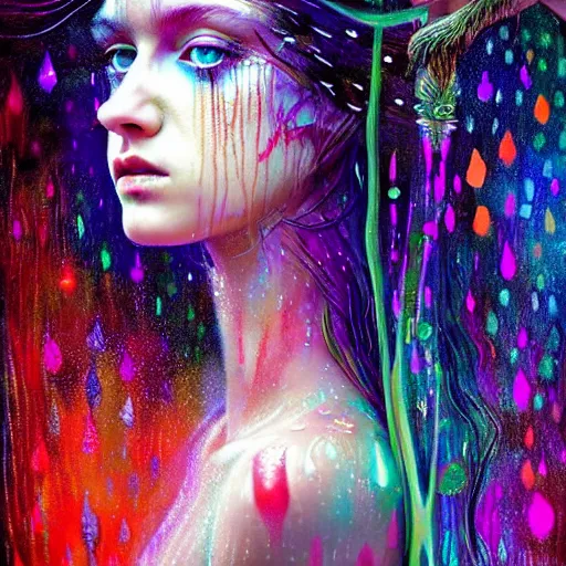 Image similar to girl in psychedelic LSD rain with wet hair and face, fantasy, intricate, elegant, dramatic lighting, evoking intense emotion, symbolic metaphor, highly detailed, lifelike, photorealistic, digital painting, artstation, concept art, smooth, sharp focus, illustration, art by John Collier and Albert Aublet and Krenz Cushart and Artem Demura and Alphonse Mucha