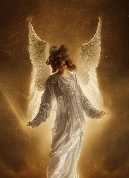 Image similar to angel landed under the gates of heaven, rococo style, magic, holy light, tyndall effect, high definition, lots of details, by wlop