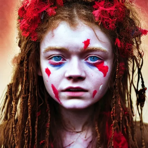 Image similar to 3 5 mm coloured film portrait of sadie sink as aghori sadhu covered in ash creature, hyperrealism, celestial red flowers vibe, photorealistic, detailed, atmospheric, 8 k, award winning photography, cinematic