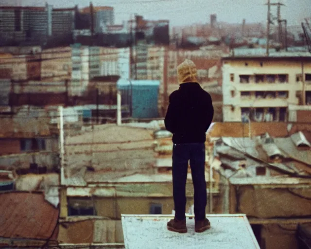 Prompt: lomo photo of man standing on the roof of soviet hrushevka in small town zelenograd, cinestill, bokeh, out of focus