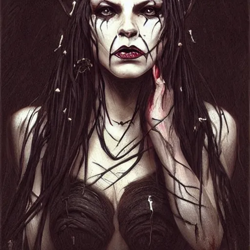 Prompt: Dark Fantasy Painting of a voodoo witch with a sinister evil look on her face, black widow spiders in her hair, creepy, unsettling, horror, upper body, wearing a dark dress, intricate, wild, highly detailed, digital painting, artstation, concept art, smooth, sharp focus, illustration, art by artgerm and greg rutkowski and alphonse mucha