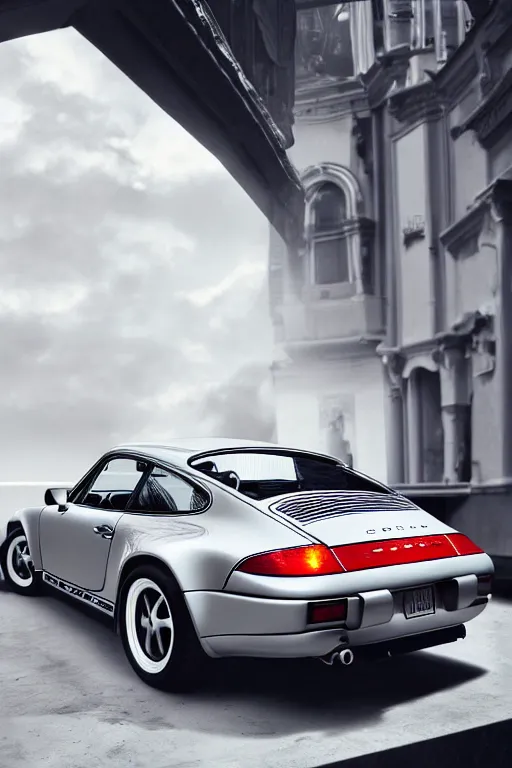 Image similar to Photo of a silver Porsche 911 Carrera 3.2, daylight, dramatic lighting, award winning, highly detailed, 1980s Versace ad, Fashion photography, trending on artstation.