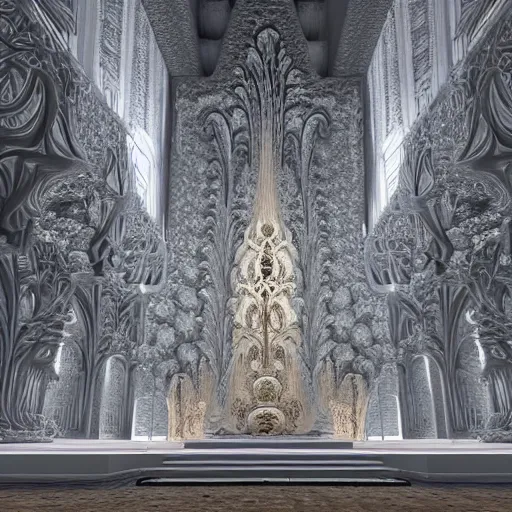 Image similar to a hyperrealistic 3 d render of a sprawling fractal cathedral interior populated by mandelbrot fractals, unreal engine, carved ivory, carved soap, white color scheme, physically based render, volumetric lighting, octane render, glowing, carved marble, opalescent, sacred geometry, catholicpunk, stark, 8 k, ultra detailed