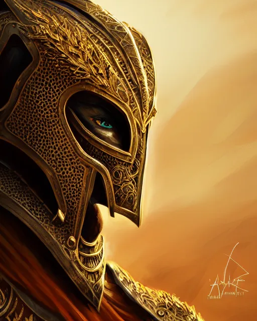 Image similar to realistic side view painting of the king of the desert, angry, wide angle, gold armour, sword, dramatic lighting, intricate, wild, highly detailed, digital painting, artstation, concept art, smooth, sharp focus, illustration