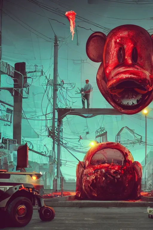 Prompt: mechanics working on a giant mickey mouse bloody head, and meat by beeple, creepy, gory, cgsociety, green lights and a netflix sign in the background, 3 d render 8 k, detailed, reallistic