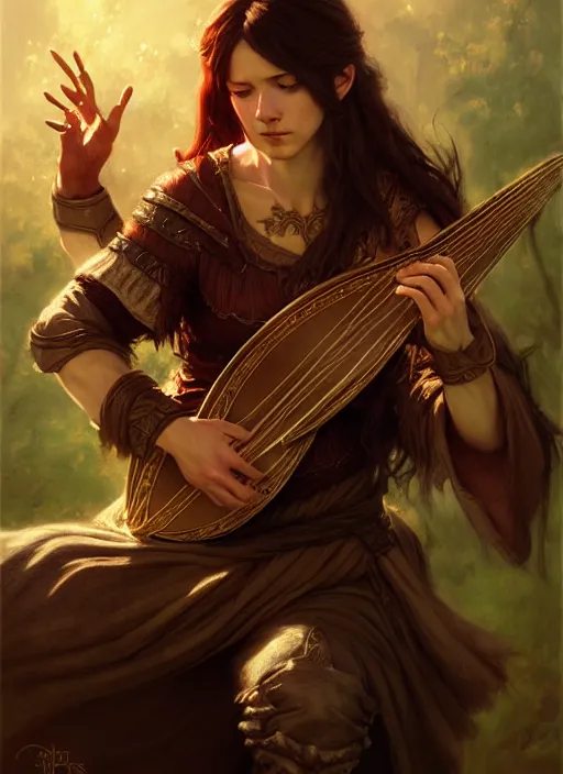 Image similar to bard playing lute, full body, hyper realistic, extremely detailed, dnd character art portrait, dark fantasy art, intricate fantasy painting, dramatic lighting, vivid colors, deviantart, artstation, by clyde caldwell and krenz cushart and artem demura and john williams waterhouse