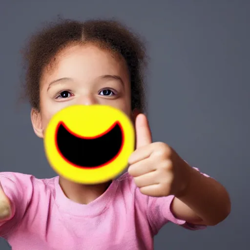 Prompt: child drawing of red eyed emoji face smiling with thumb up