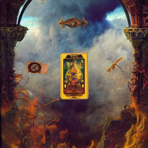 Image similar to a beautiful and highly detailed matte painting of magical tarot cards floating in the midst of magical explosions, intricate details, epic scale, insanely complex, 8 k, sharp focus, hyperrealism, very realistic, by caspar friedrich, albert bierstadt, james gurney, brian froud,