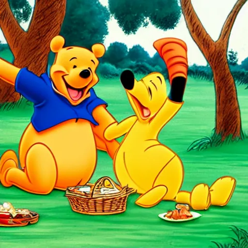 Prompt: Winnie the pooh and Donald duck having a picnic, cartoon