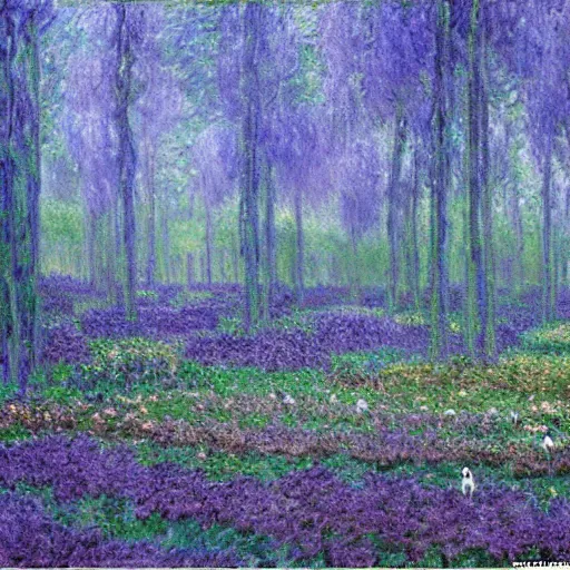 Image similar to mushroom forest, painted by monet, highly detailed, highly intricate, sense of scale, vast, mysterious, purple, smoke