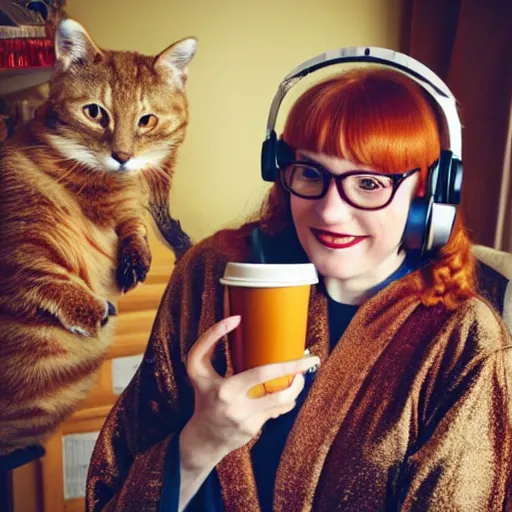 Image similar to a stunning hyper-detailed closeup portrait photo of a beautiful smiling retro-bespectacled woman with long ginger hair and bangs, wearing a luxurious robe, wearing steampunk headphones and posing with her handsome ginger tabby cat and raccoons and parrots in an overstuffed easy chair in her sunlit victorian living room, holding a coffee cup and a donut and smoking an elaborate hookah, perfect eyes, octane render, unreal engine, 85 mm lens,