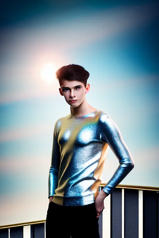 Image similar to un ultra high definition studio quality photographic art portrait of a young man standing on the rooftop of a british apartment building wearing soft padded silver pearlescent clothing. three point light. extremely detailed. golden ratio, ray tracing, volumetric light, shallow depth of field. set dressed.