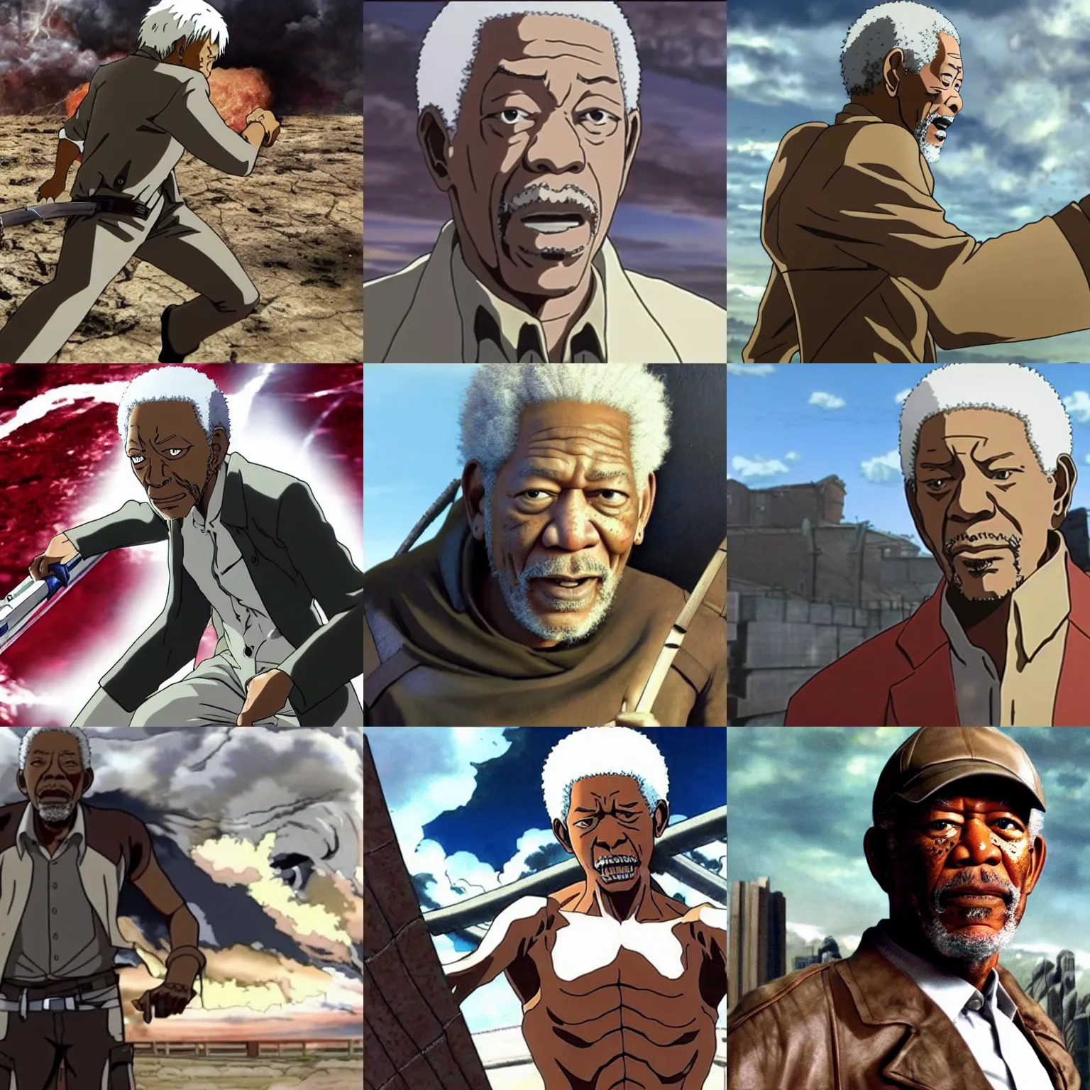 Prompt: A still of Morgan Freeman in an episode of Attack on Titan, in battle with a Titan, Anime