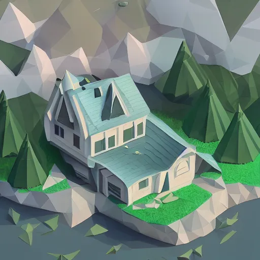 Prompt: floating spooky house in the sky, low poly, isometric art, 3d art, waterfall, high detail, artstation, concept art, behance, ray tracing, smooth, sharp focus, ethereal lighting