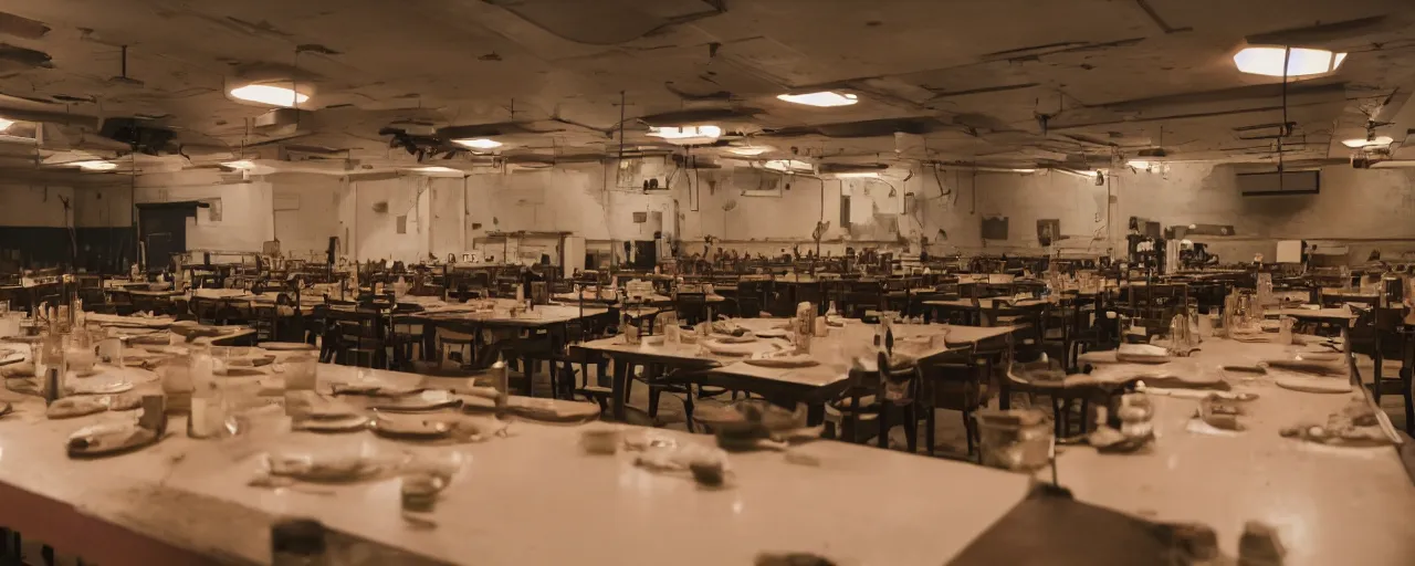 Prompt: Film still of an empty mess hall in a scifi movie, spilt drinks, food on the table, bottles, monitors with wires on the wall, bright cinematic lighting, Cinestill colour cinematography, anamorphic, year 3000, cat drinking milk