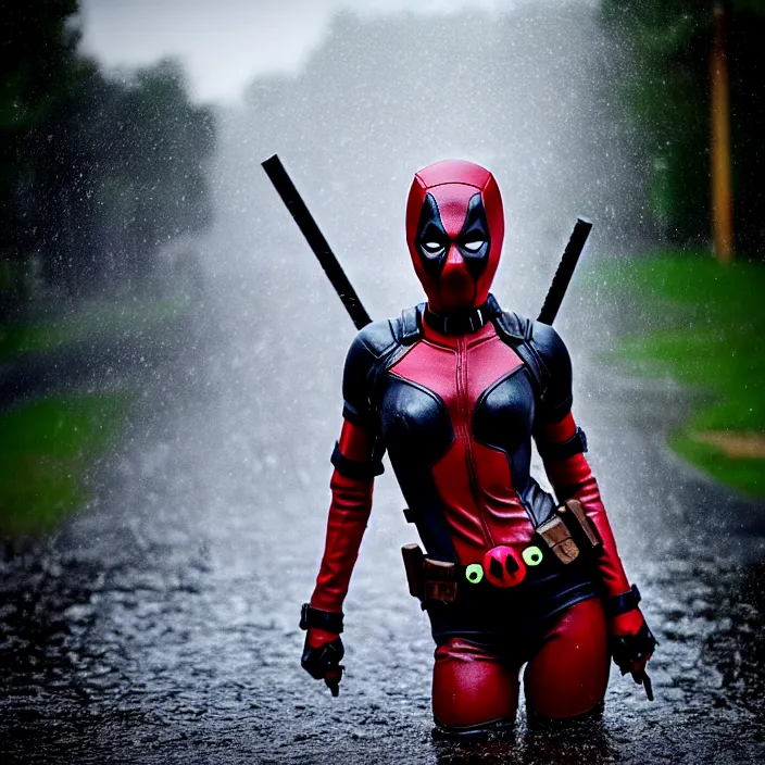 Image similar to fully body pose, photo of a very beautiful!! victoria secret model, deadpool mask, wet hair, raining, 8 k, hdr, smooth, sharp focus, high resolution, award - winning photo, trending on artstation, dslr, 5 0 mm