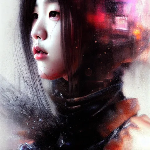 Image similar to jisoo of blackpink, hyperrealistic portrait, bladerunner street, by karol bak and agnes cecile, fantasy art, photo realistic, dynamic lighting, artstation, poster, volumetric lighting, very detailed face, intricate complexity, rule of thirds, 8 k, award winning, unreal engine