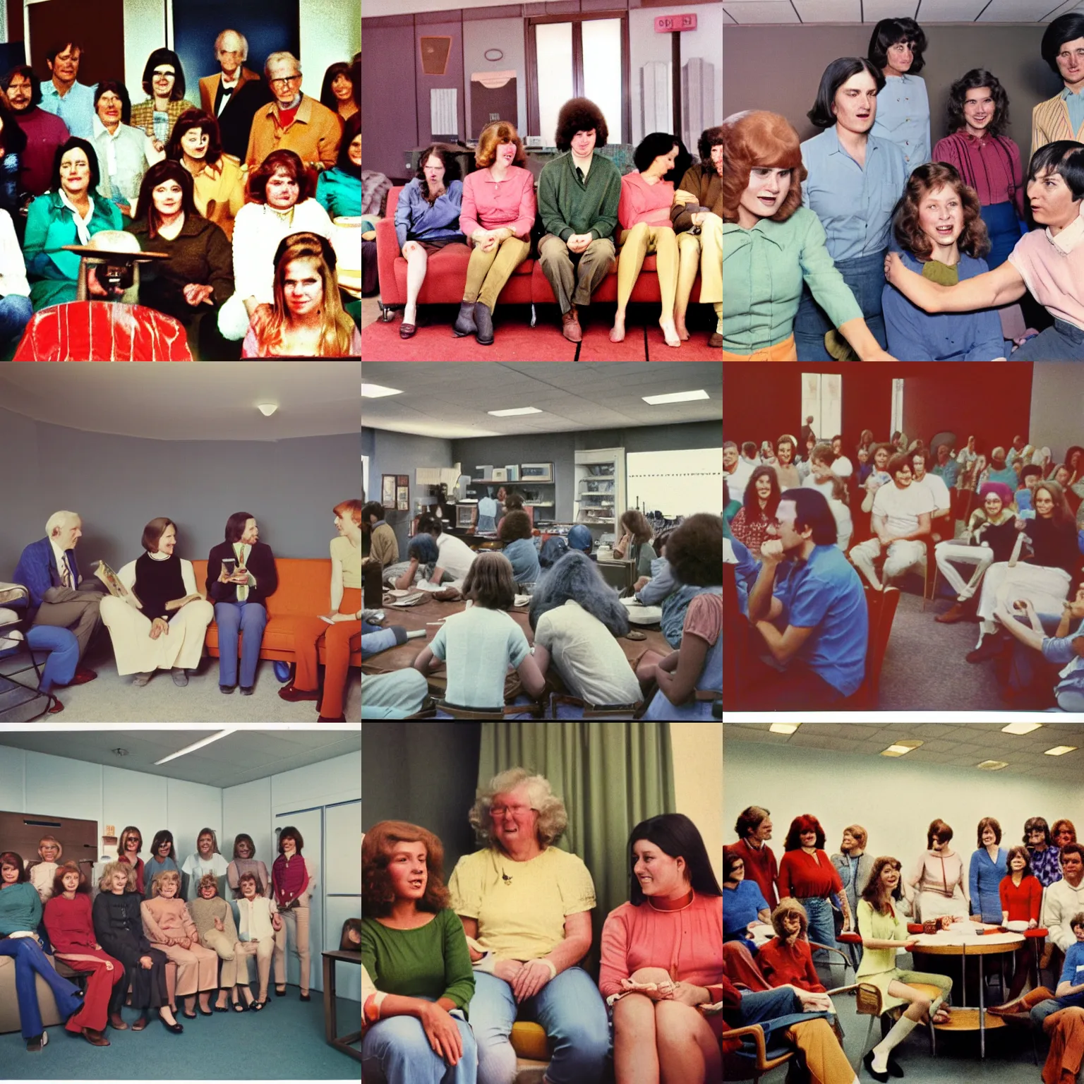 Prompt: vintage color photo from a 1970s social study with a group of people in a bland room,