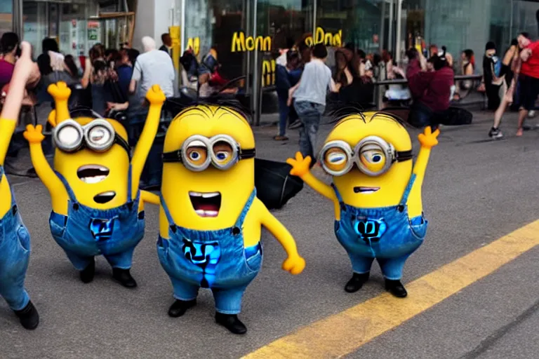 Prompt: minions fighting outside of a mcdonalds