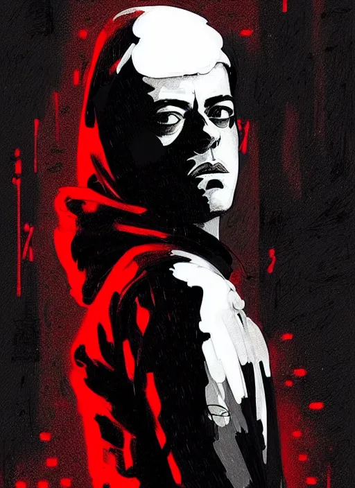 Image similar to highly detailed moody portrait of rami malek, elliot anderson, black hoody by atey ghailan, by greg rutkowski, by greg tocchini, by james gilleard, by joe fenton, by kaethe butcher, gradient red, black and white color scheme, grunge aesthetic!!! ( ( graffiti tag wall background ) )
