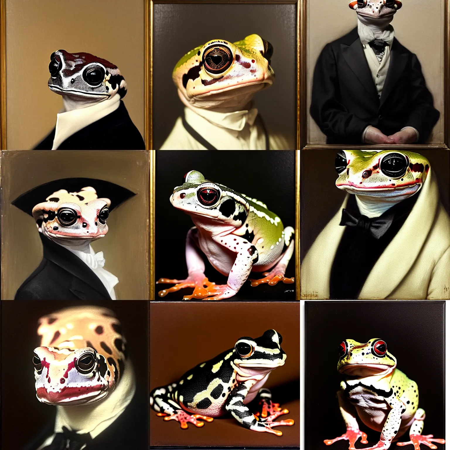 Prompt: a head - and - shoulders portrait of an amazon milk frog looking off camera wearing a black frock coat and a white ascot tie, an american romanticism painting, a portrait painting, cgsociety, soft focus, oil on canvas