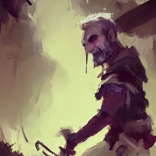 Prompt: duergar male character portrait, by Ismail Inceoglu, shabby clothes, pale purple skin, leather pouch, wielding knife, grinning, dungeons and dragons, digital art, art