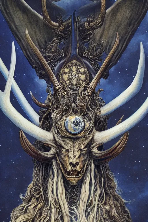 Prompt: sideview waist up portrait of baphomet plane with big antler made with porcelain by jeff easley and peter elson, beautiful eyes and face, symmetry face, galaxy, gothic, surreal, dread, highly detailed, intricate complexity, epic composition, magical atmosphere, masterpiece, award winning, trending on artstation