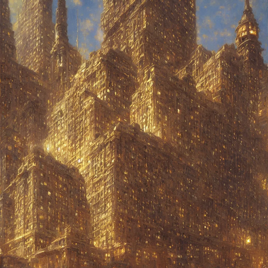 Image similar to detailed cinematic low angle shot of chrysller building, spring light, painting by gaston bussiere, craig mullins, j. c. leyendecker