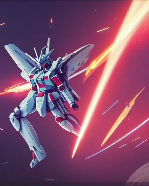 Image similar to highly detailed vfx portrait of a gundam with wings of feathers beam saber fighting in space with a beam gun, unreal engine, greg rutkowski, loish, rhads, beeple, makoto shinkai and lois van baarle, ilya kuvshinov, rossdraws, tom bagshaw, alphonse mucha, global illumination, detailed and intricate environment