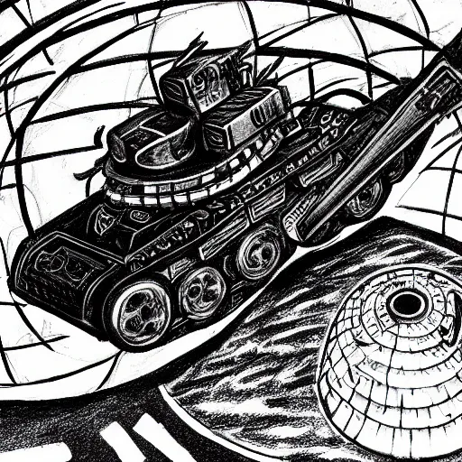 Image similar to daoist battle tank painted in white and black yinyang symbol blasting away at dystopia, cosmos backdrop, detailed pencil drawing by an alien from the future