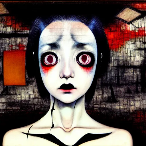 Image similar to yoshitaka amano blurred and dreamy realistic three quarter angle painting of a young woman with black lipstick and black eyes wearing dress suit with tie, junji ito abstract patterns in the background, satoshi kon anime, noisy film grain effect, highly detailed, renaissance oil painting, weird portrait angle, blurred lost edges