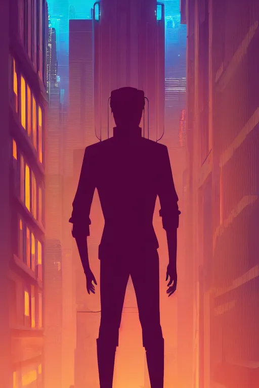 Prompt: silhouette of man standing on balcony, cyberpunk art by james gilleard, cgsociety, retrofuturism, synthwave, cityscape, 2 d game art