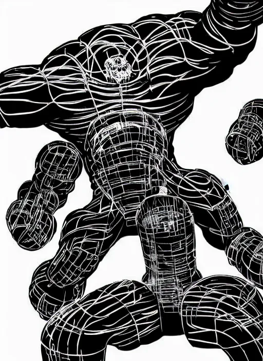 Image similar to black and white hulk with wires screaming in nuclear explosion, by tsutomu nihei, black and white, no color, destroed cybernetic city background